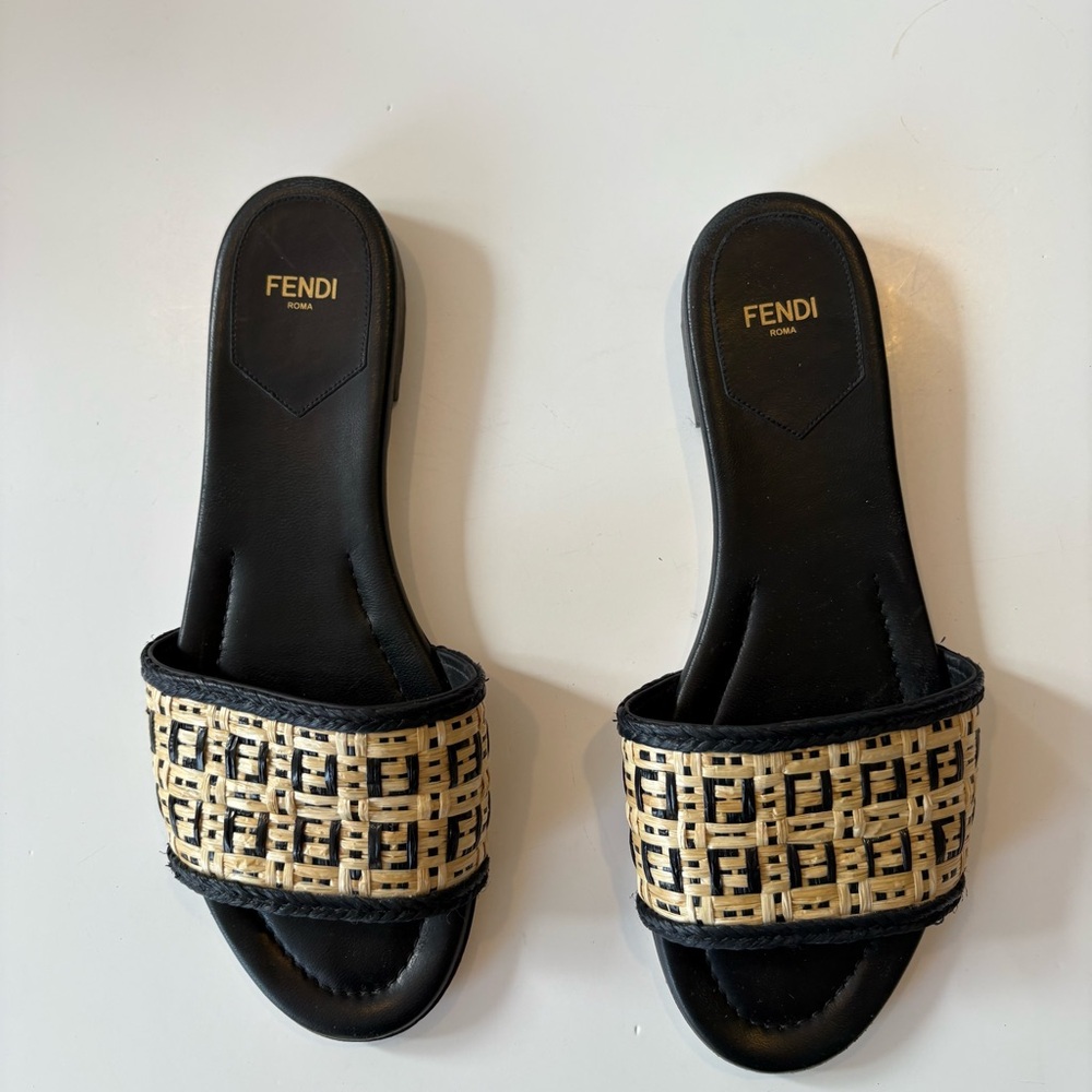 Fendi || FF Monogram Interlace Raffia Woven Slides Sandals Tan Black 39 - Picture 3 of 12